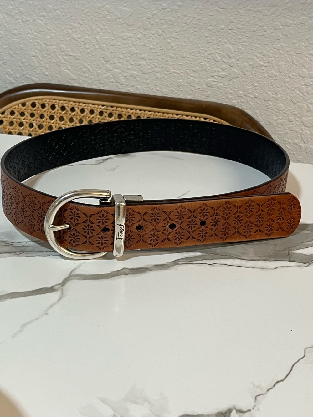 Fossil Brown Leather Belt with Silver Buckle and Floral Embossing
